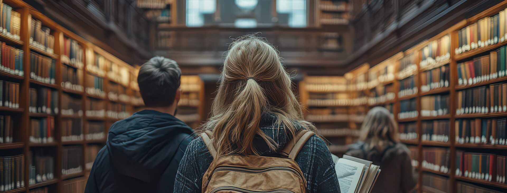Three students with backpacks exploring a large library filled with tall wooden bookshelves and numerous books.