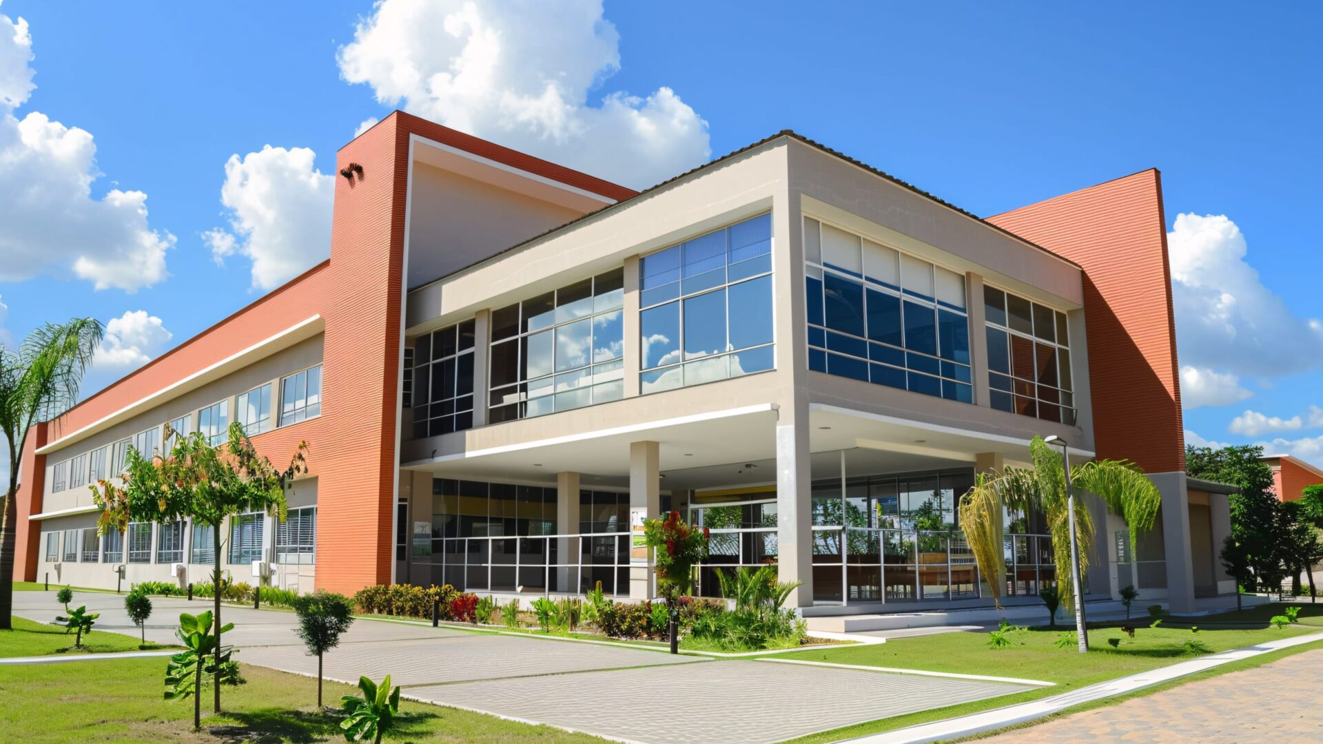 Modern two-story building with large glass windows surrounded by green landscaping and a clear blue sky.