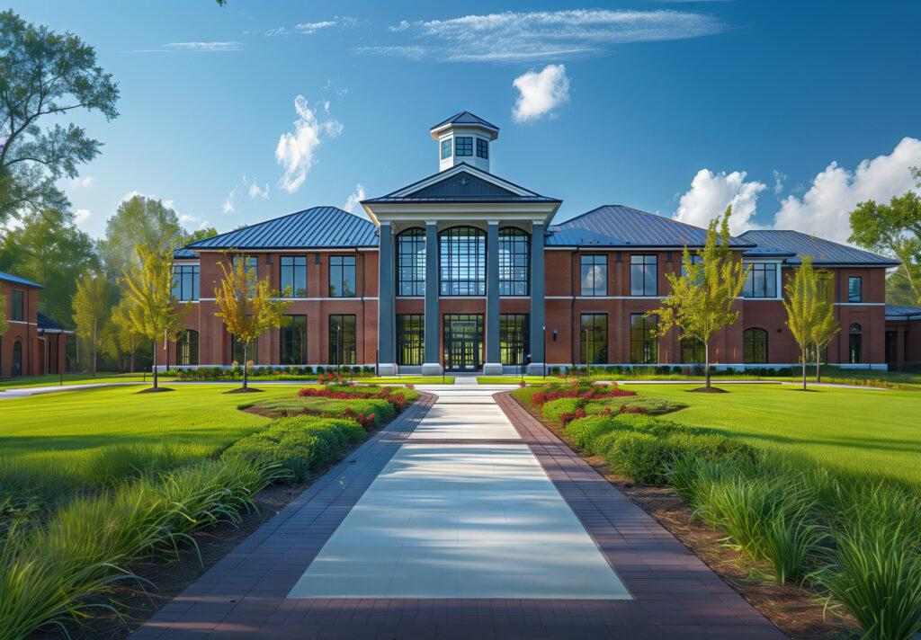 Modern brick building with large windows, surrounded by green lawns and a clear blue sky in the background.