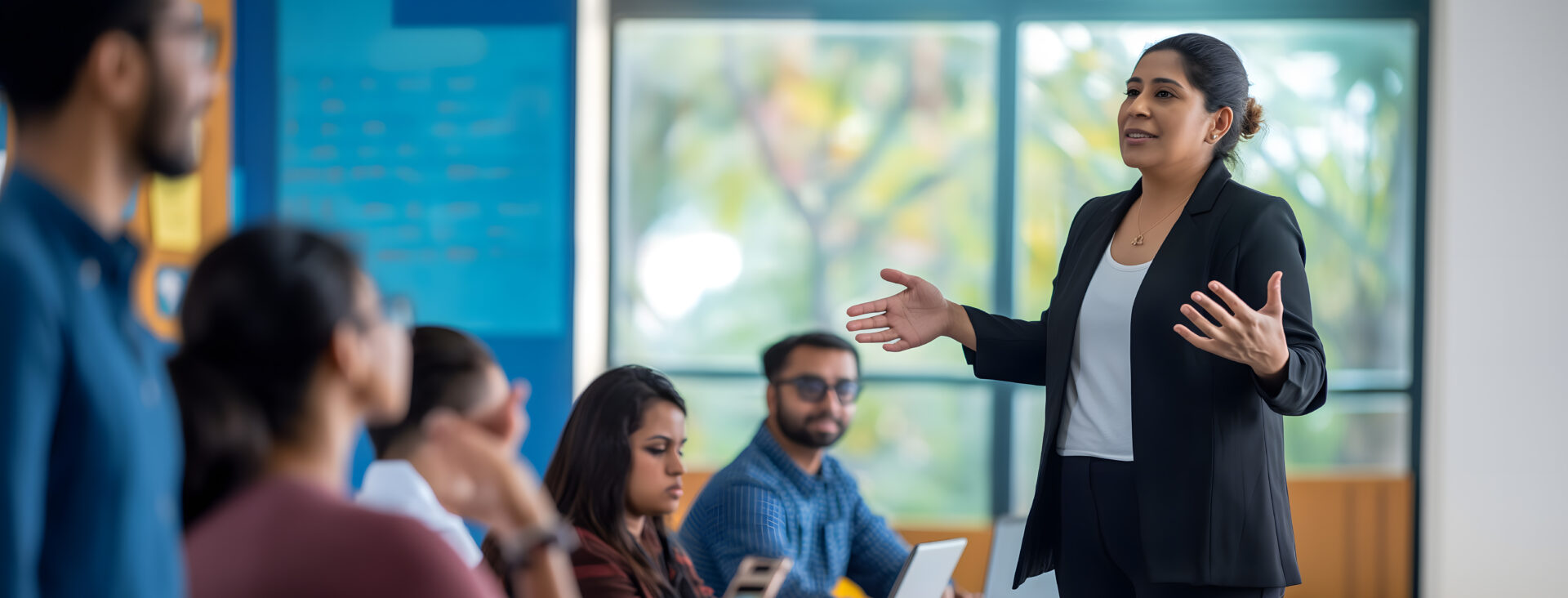 Professional woman giving a presentation to a group of seated individuals in a bright office setting.