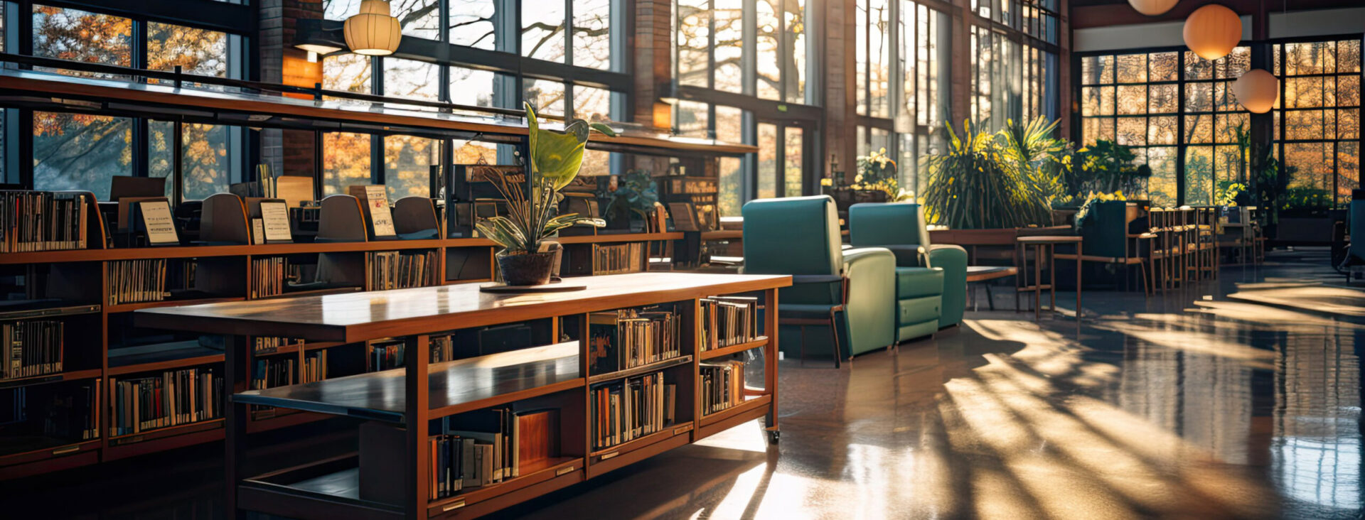 Spacious library lounge with large windows, sunlight streaming in, bookshelves, comfortable seating, and hanging lights.