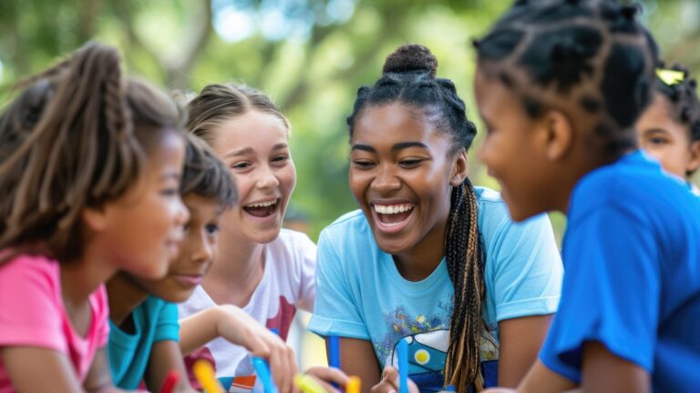 Children of diverse backgrounds laughing and playing together outdoors.