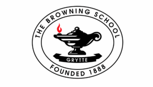 Browning School logo featuring a lamp and the word 'Grytte', established in 1888.