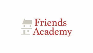 Friends Academy logo with stylized house graphic and red text on a white background