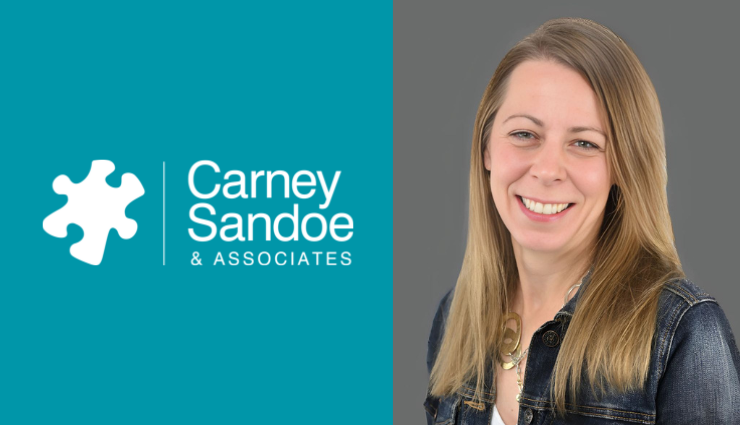 Carney Sandoe & Associates logo next to a smiling woman with long blond hair wearing a denim jacket against a gray background.