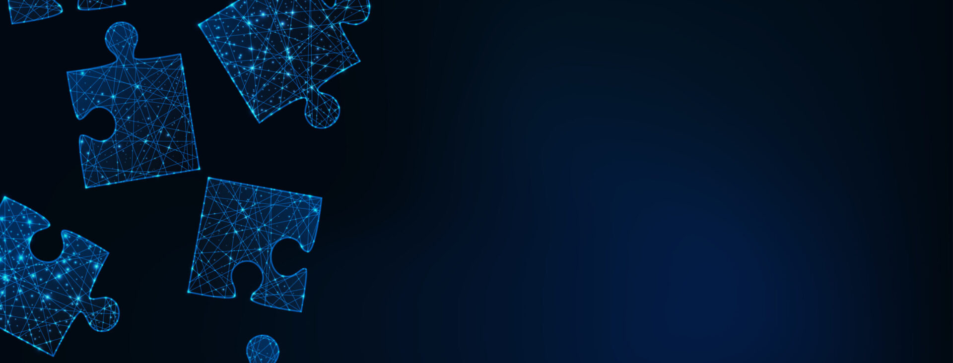 Digital puzzle pieces with glowing blue network connections on a dark background.