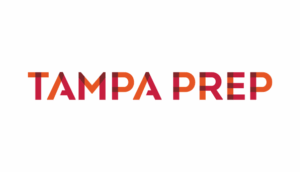 Tampa Prep logo with red and orange geometric text on a white background