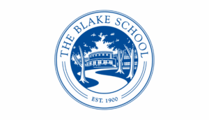 Seal of The Blake School featuring trees and a building, established 1900, in a circular blue design.