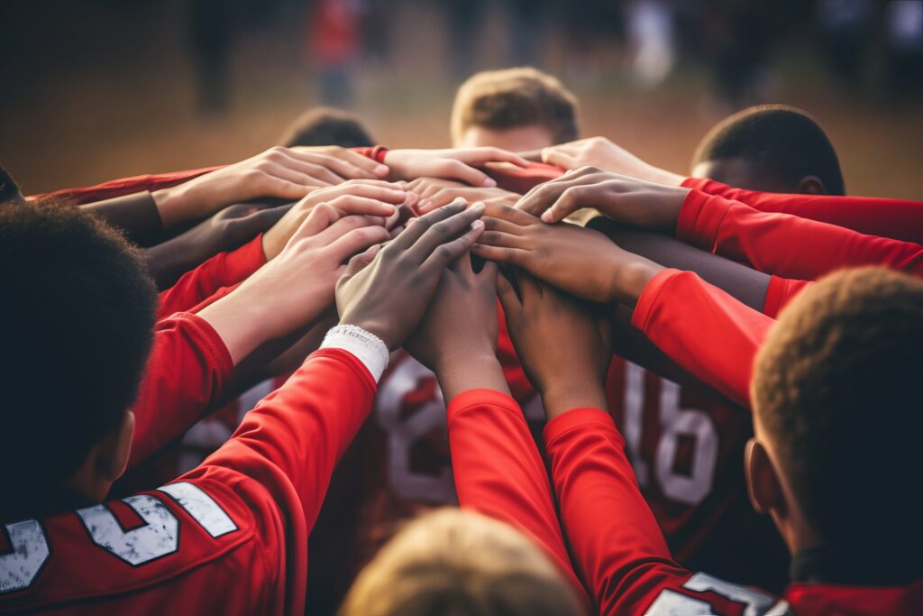 Football team in red jerseys uniting with hands together in a huddle, symbolizing teamwork and unity before a game.