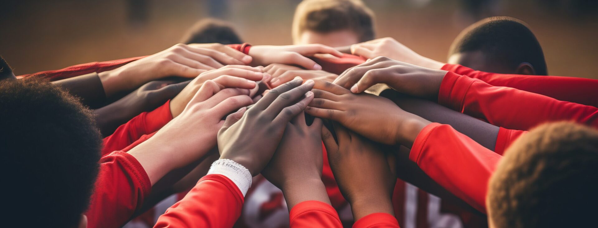 Football team in red jerseys uniting with hands together in a huddle, symbolizing teamwork and unity before a game.