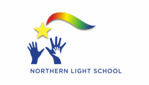Three blue hands reaching towards a yellow star with a rainbow tail, Northern Light School logo.