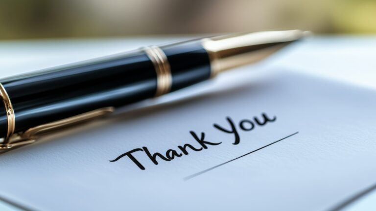 Pen resting on paper with handwritten "Thank You" in elegant script, symbolizing gratitude and appreciation.