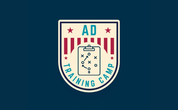 Shield logo with "AD Training Camp" text, featuring a sports strategy clipboard graphic and red stripes on a blue background.
