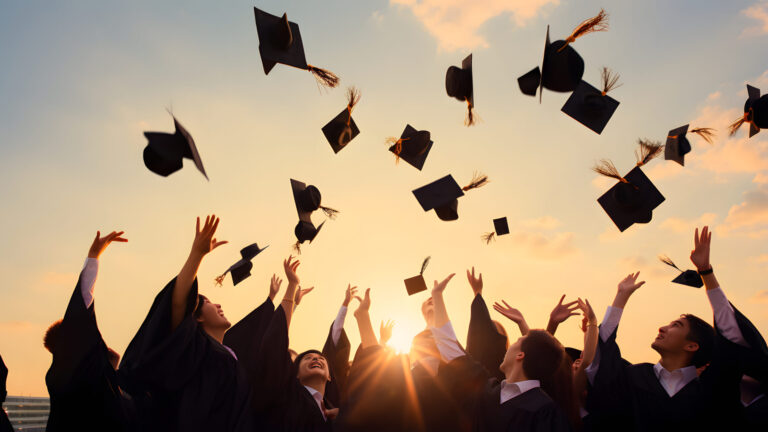 Graduates in caps and gowns celebrating by tossing their hats into the air against a sunset sky background.