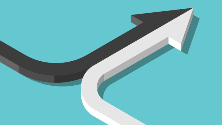 Black and white arrows merging on a teal background, representing unity and direction.