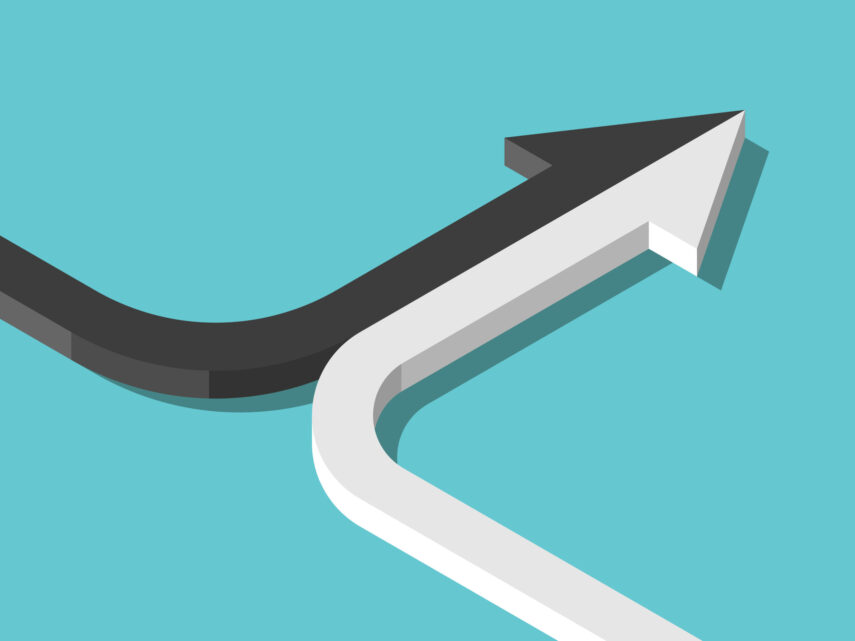 Black and white arrows merging on a teal background, representing unity and direction.