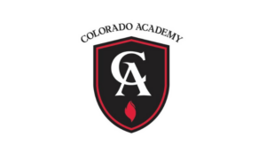 Colorado Academy logo featuring a black and red shield with the letters C and A, and a red flame at the bottom.