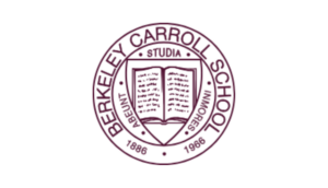 Berkeley Carroll School logo featuring an open book with Latin words and the year 1886 in a circular emblem.