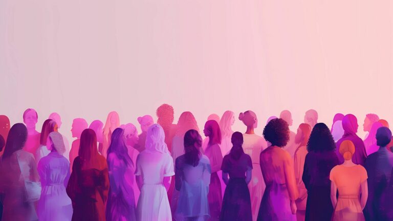 A diverse group of people standing together in vibrant pink and purple hues.