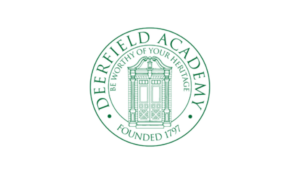 Deerfield Academy logo featuring historical building design and the motto "Be Worthy of Your Heritage," founded 1797.