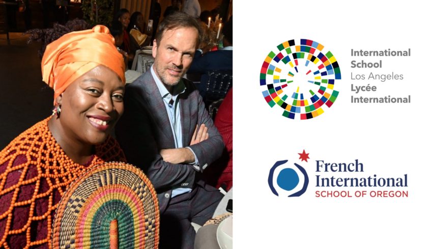 Two people sitting at a table, one holding a colorful fan, with logos of International School Los Angeles and French International School of Oregon.
