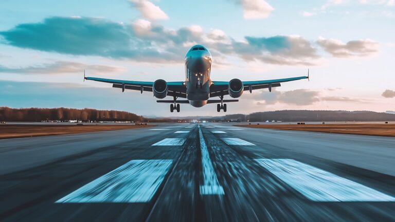 Airplane landing on runway at sunset, with scenic sky in background.