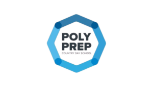 Poly Prep Country Day School logo with blue hexagonal design and bold text.