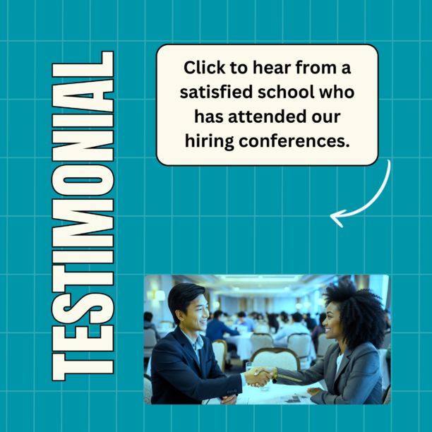 Testimonial with people shaking hands at a hiring conference, encouraging viewers to click for a satisfied school's feedback.