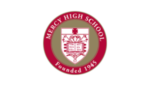 Mercy High School emblem featuring a book with Latin words "Virtus" and "Scientia", surrounded by a maroon and gold border.